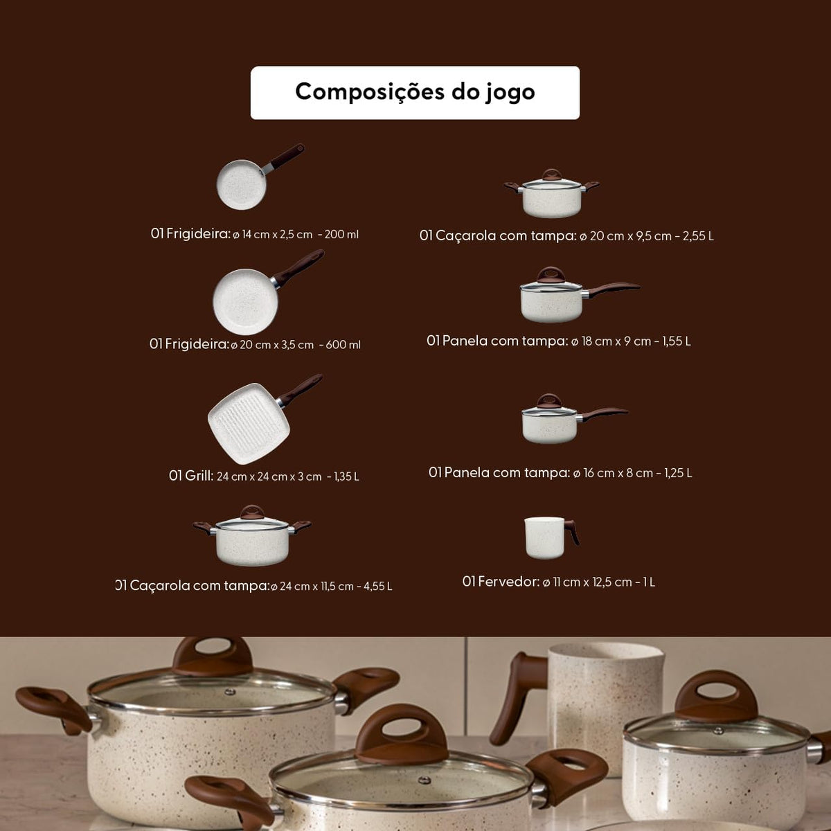 Brinox - Jogo de Panelas 8 Peças Ceramic Life Smart Plus